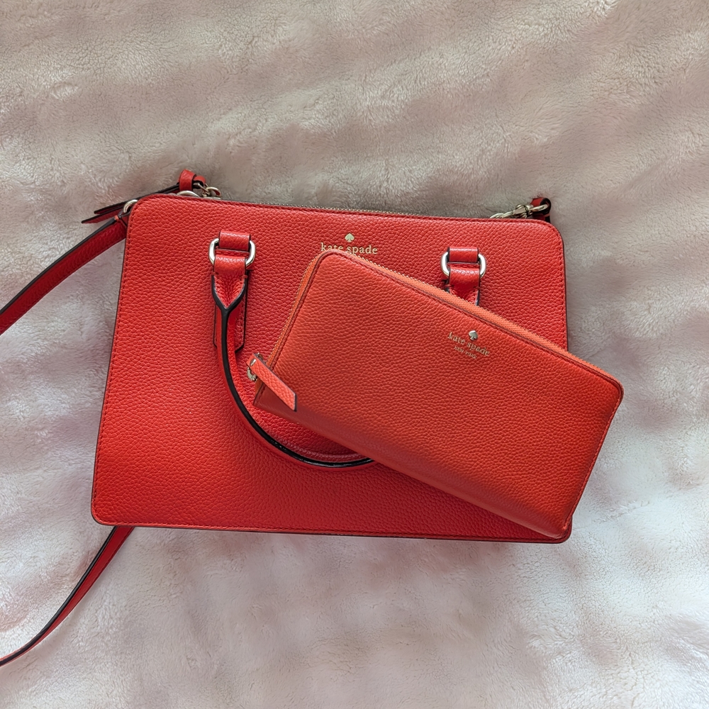 Kate Spade Lise Pebbled Leather Satchel + Matching Zip Wallet |Tamarillo